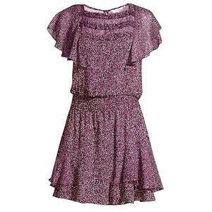 Parker Funfetti Purple Ruffle Silk Mini Dress Size S Smocked Waist Flutter Sleev